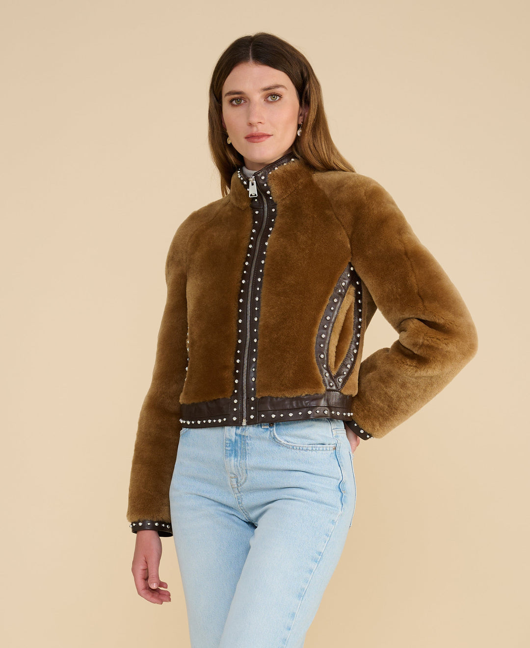 Harper ginger shearling studded jacket front cropped shearling jacket