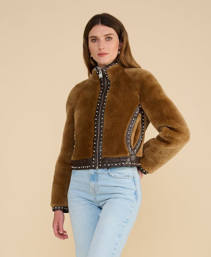 Harper ginger shearling studded jacket front cropped shearling jacket