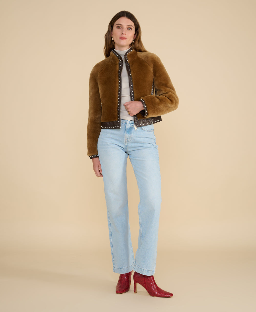 Harper shearling jacket full body outfit light denim styling