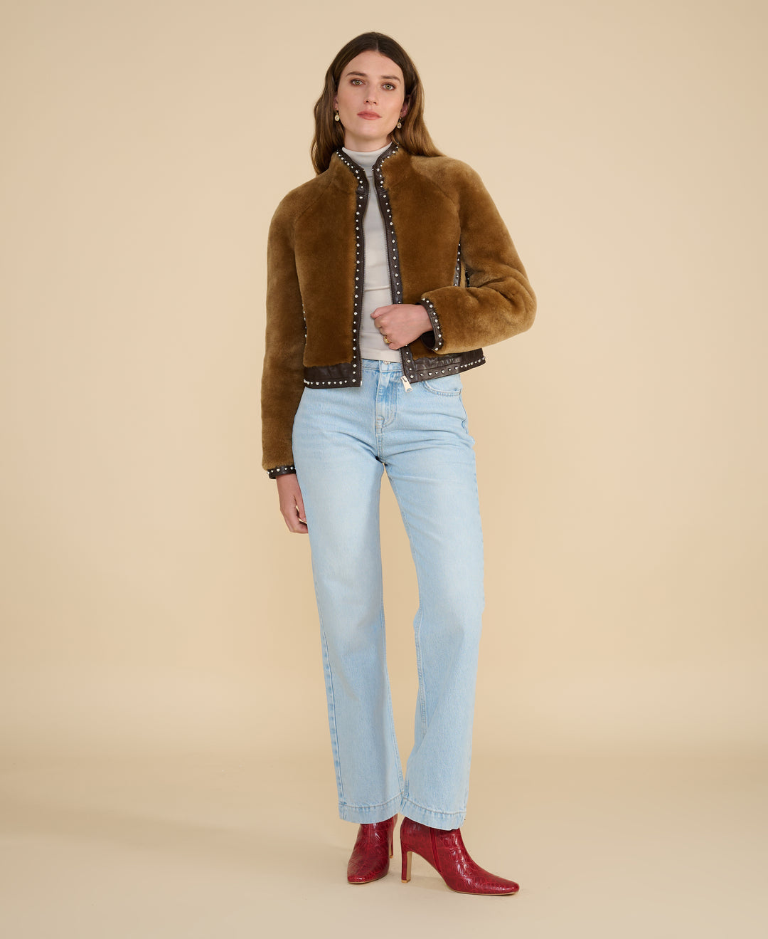 Harper shearling jacket full body outfit light denim styling