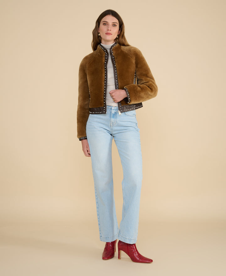 Harper shearling jacket full body outfit light denim styling