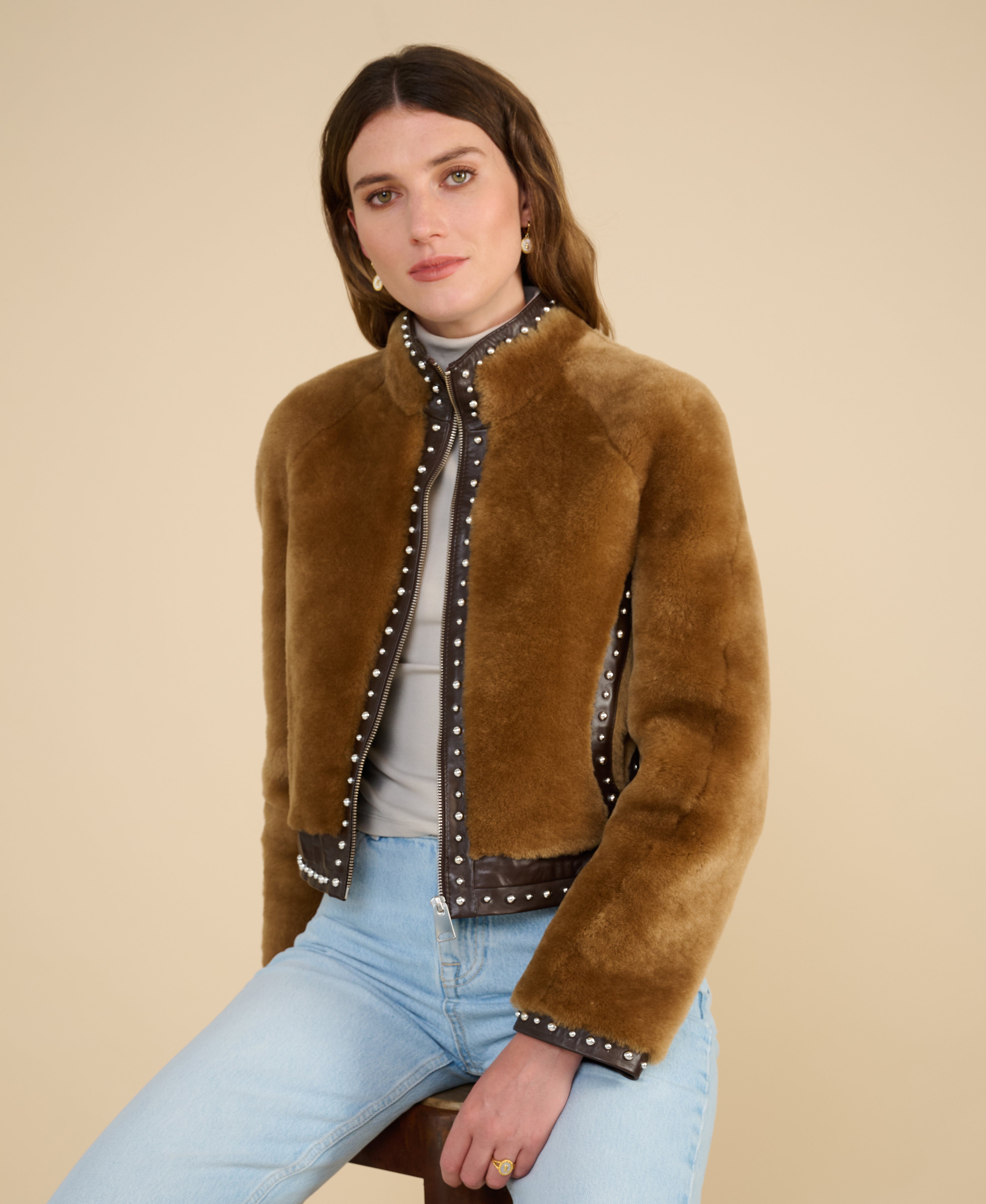 Harper Ginger Shearling Studded Jacket | FURNIQ UK