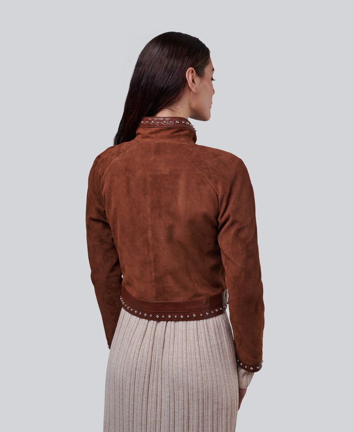 Back view of Harper studded suede jacket in chestnut handcrafted from genuine suede leather