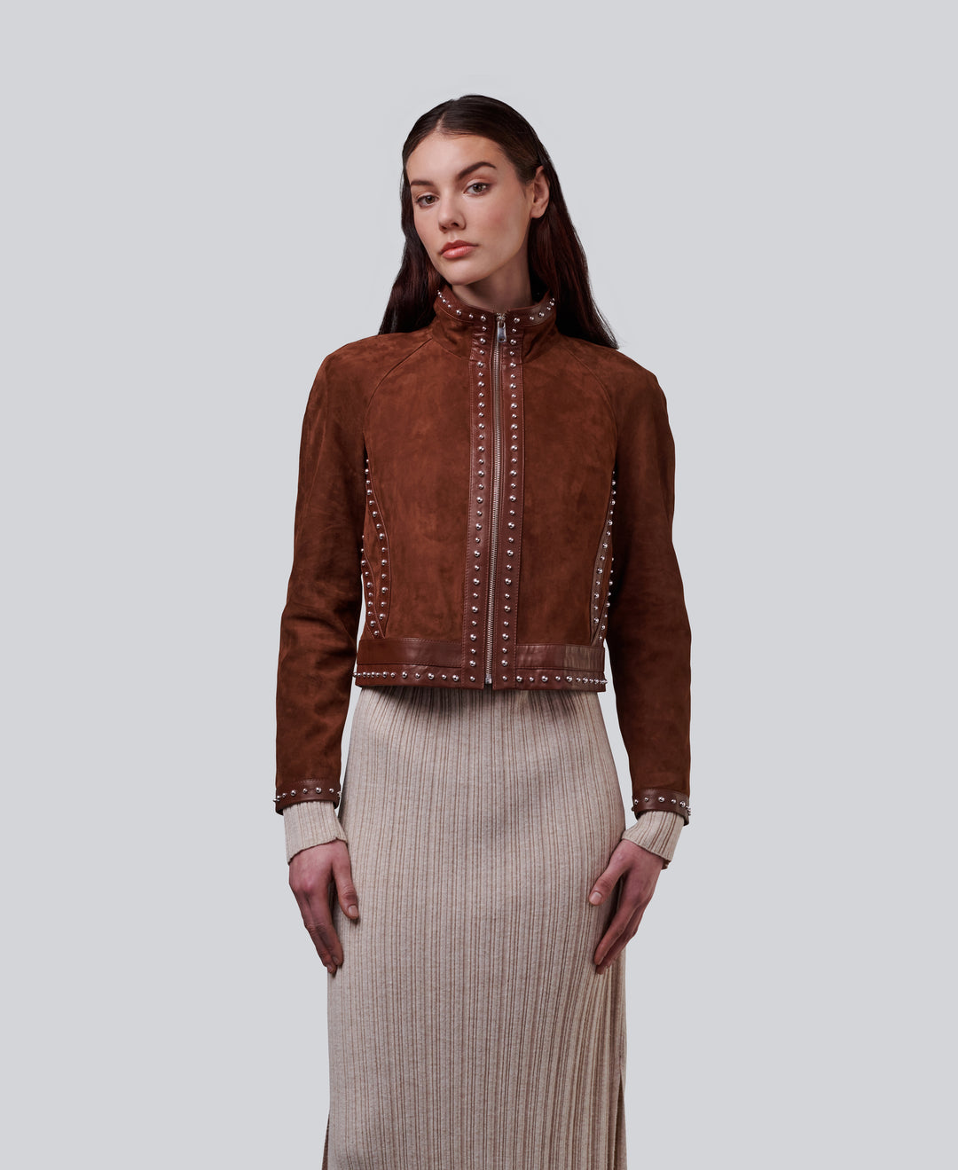 Harper studded suede jacket in chestnut for women with silver stud detailing and stand collar