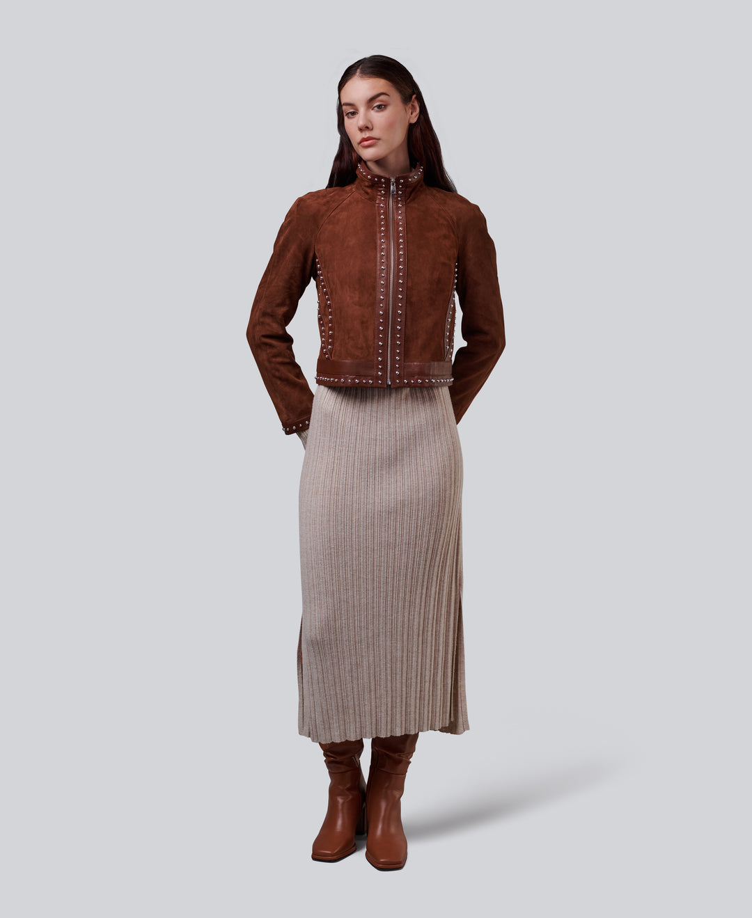 Women's Harper luxury chestnut suede jacket styled with a ribbed knit dress and leather boots