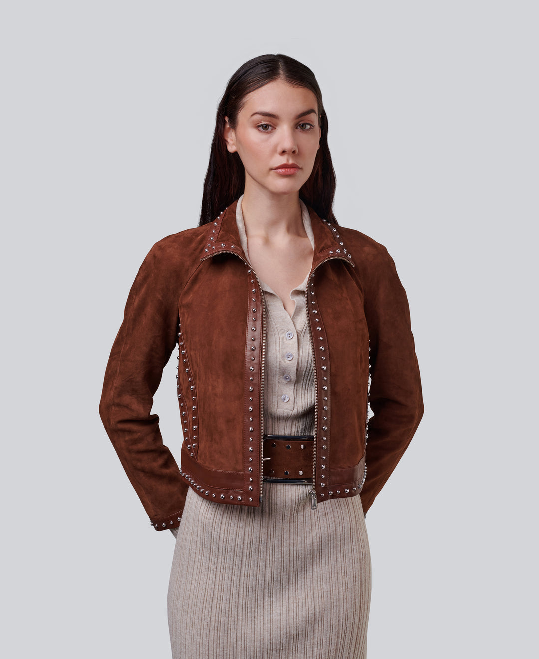 Harper cropped chestnut suede jacket with silver stud embellishment worn open