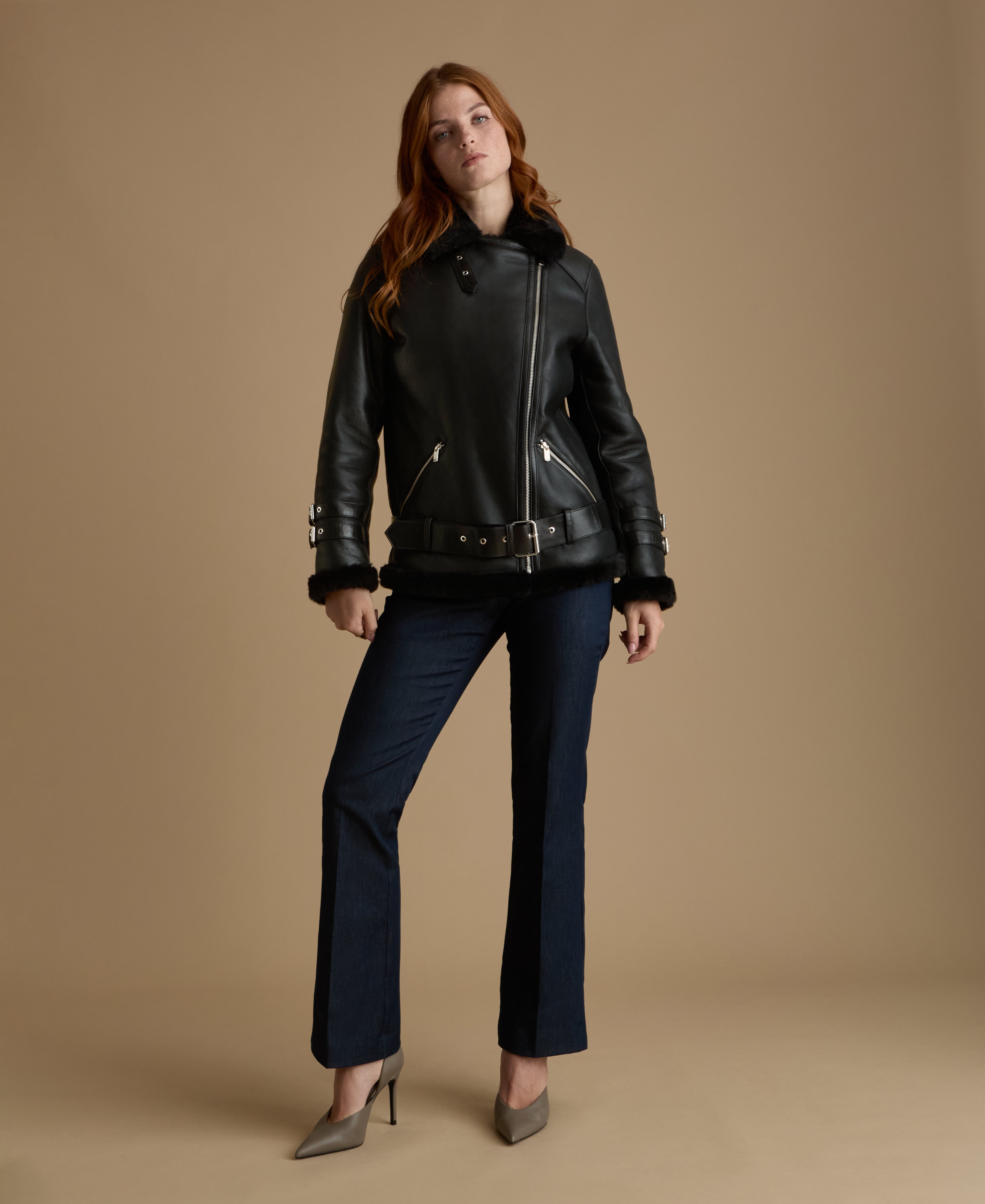 Black Shearling Leather Jacket Women | FURNIQ UK