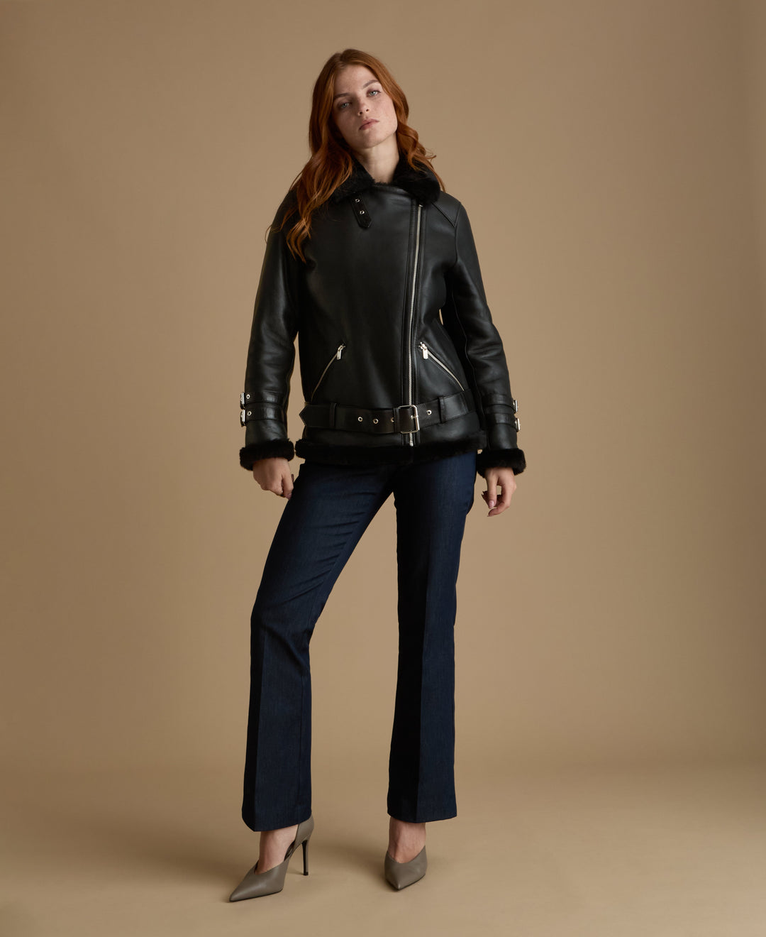 Black aviator shearling jacket women asymmetrical zip