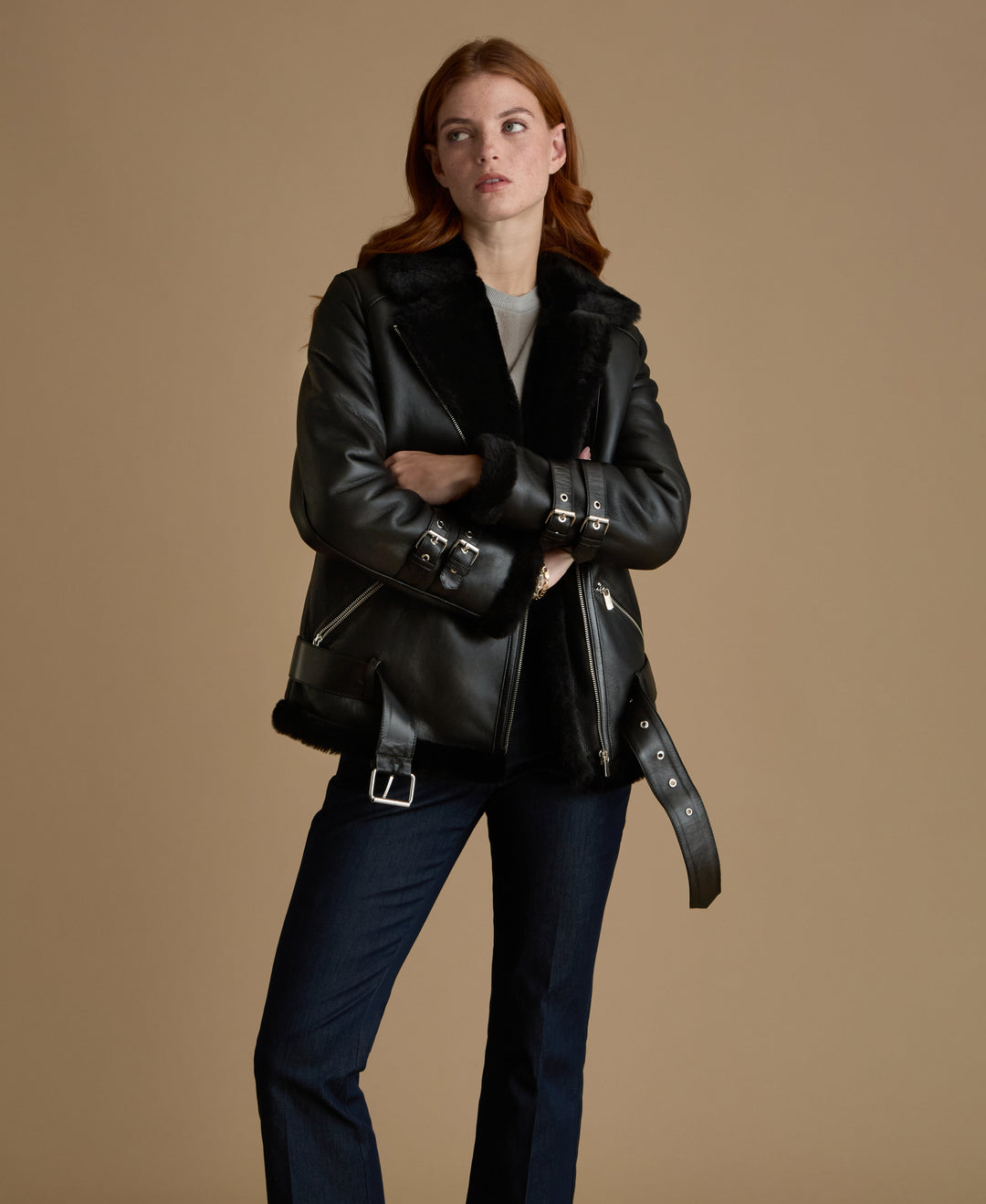 Women's black shearling leather jacket belted waist