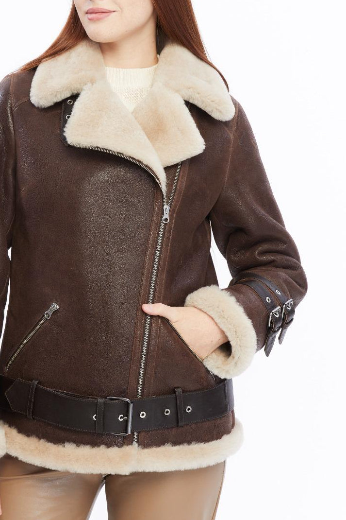 Harriet brown shearling aviator jacket with cream wool trim and leather waist belt by FURNIQ UK