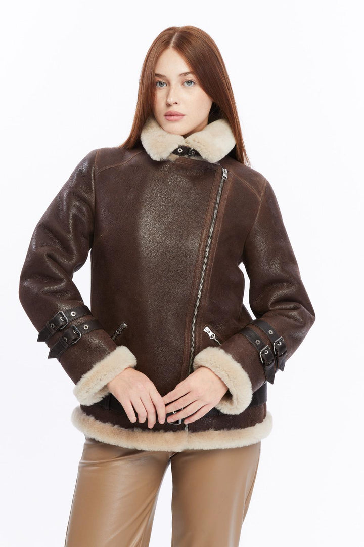 Harriet brown shearling aviator jacket with cream wool and buckle details by FURNIQ UK