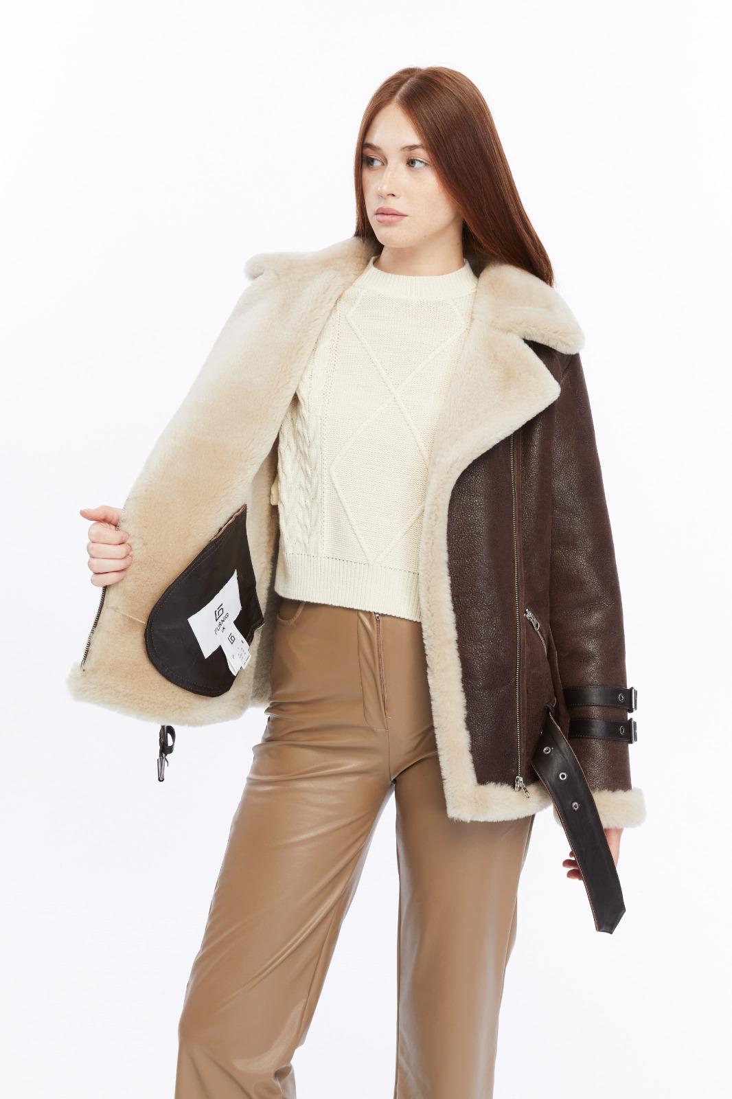 Harriet brown shearling jacket showing plush cream straight wool interior by FURNIQ UK