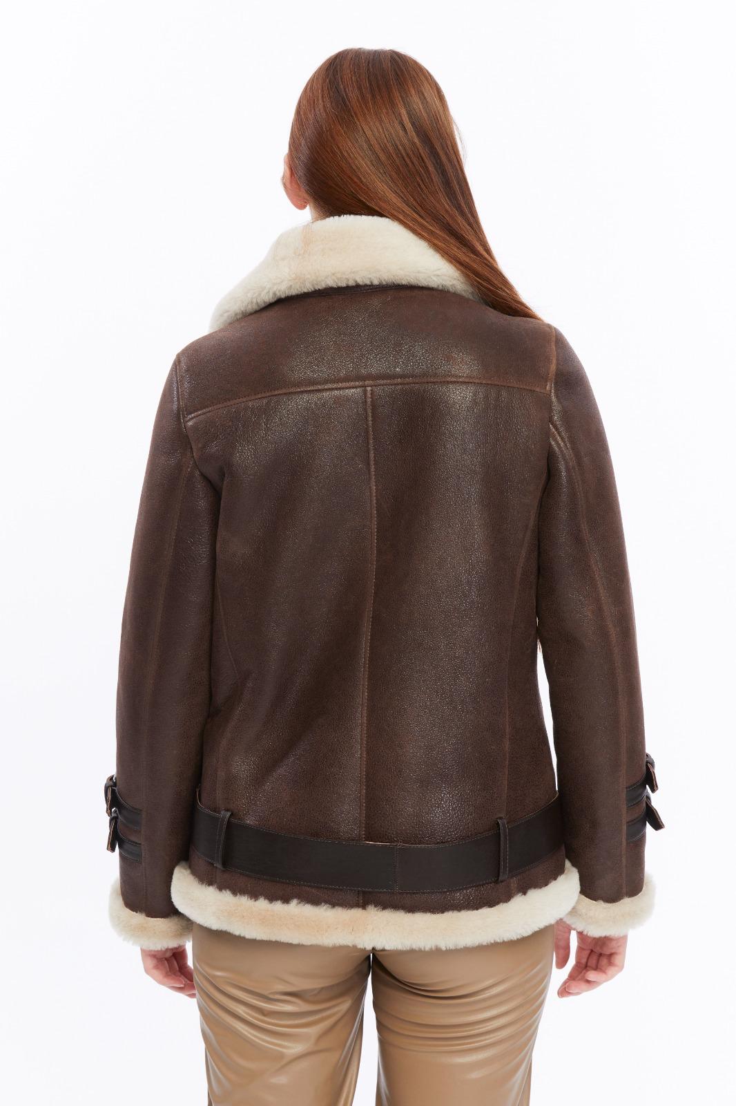 Harriet vintage brown shearling jacket back view with cream wool trim by FURNIQ UK