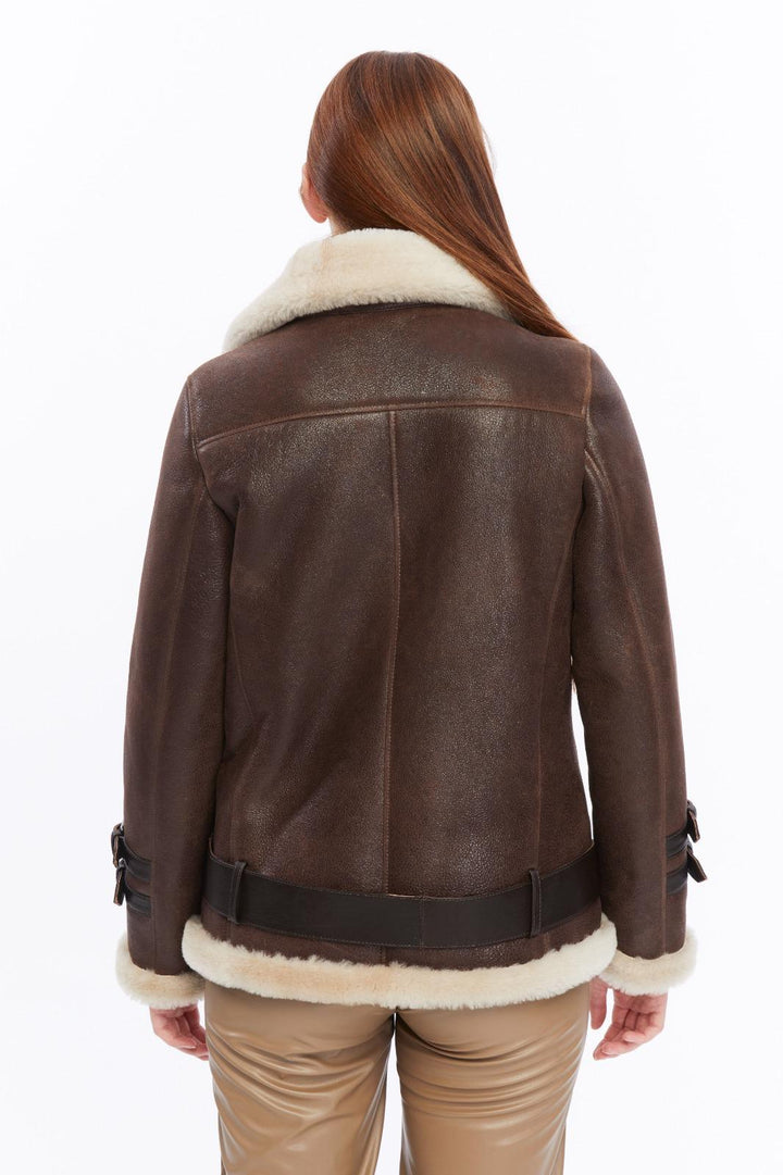 Harriet vintage brown shearling jacket back view with cream wool trim by FURNIQ UK