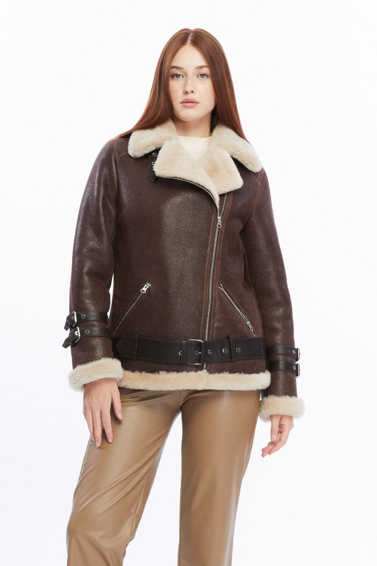 Harriet vintage brown shearling jacket with cream wool front view by FURNIQ UK