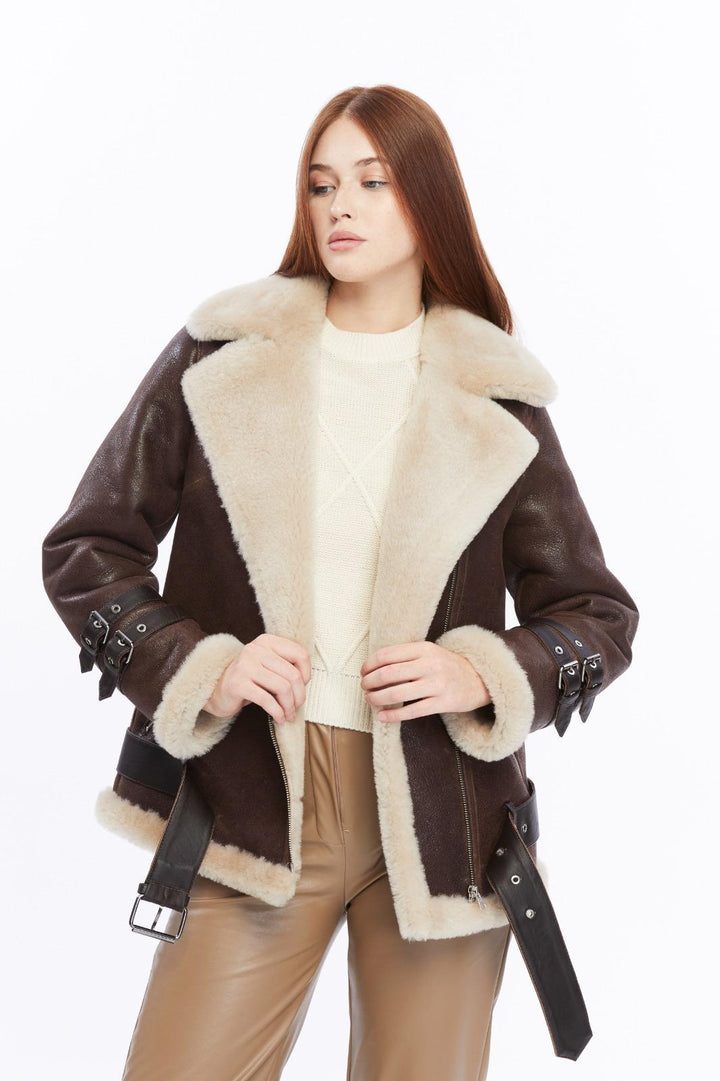 Harriet vintage brown shearling jacket open to reveal cream wool interior by FURNIQ UK