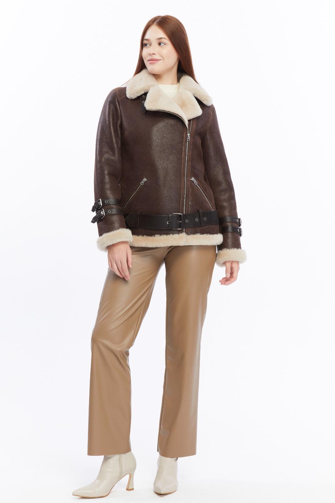 Harriet women's vintage brown shearling aviator jacket styled with neutral pants by FURNIQ UK
