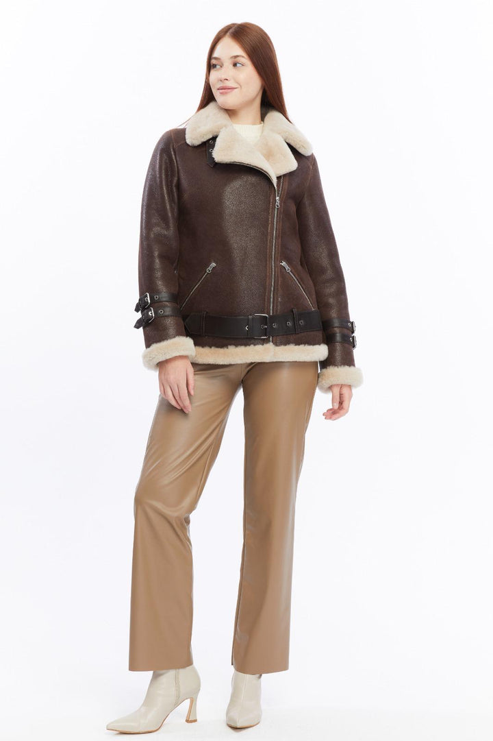 Harriet women's vintage brown shearling aviator jacket styled with neutral pants by FURNIQ UK