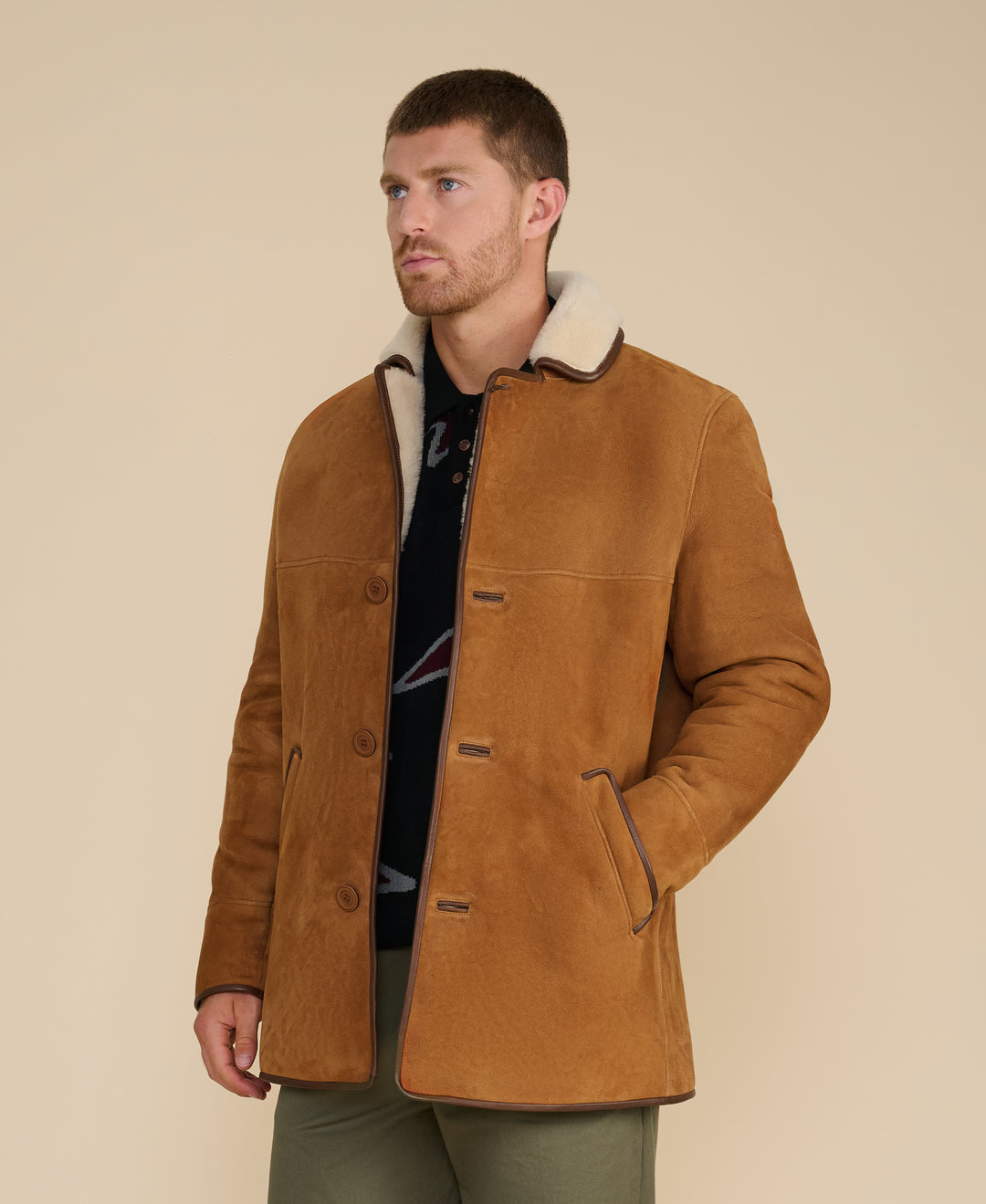 Harrison men's whisky suede shearling coat angled side view
