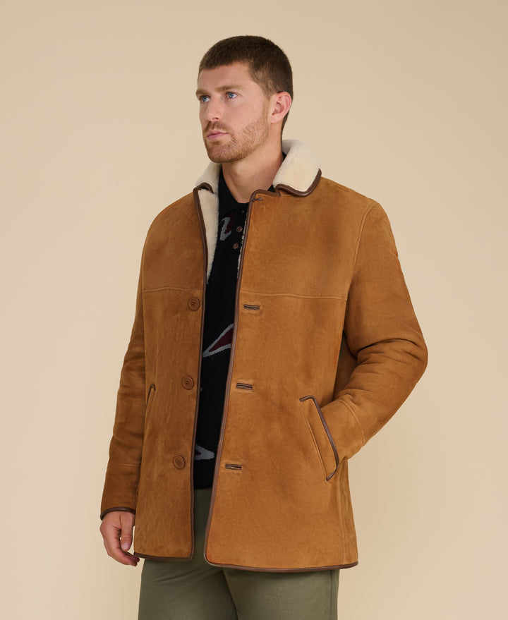 Harrison men's whisky suede shearling coat angled side view