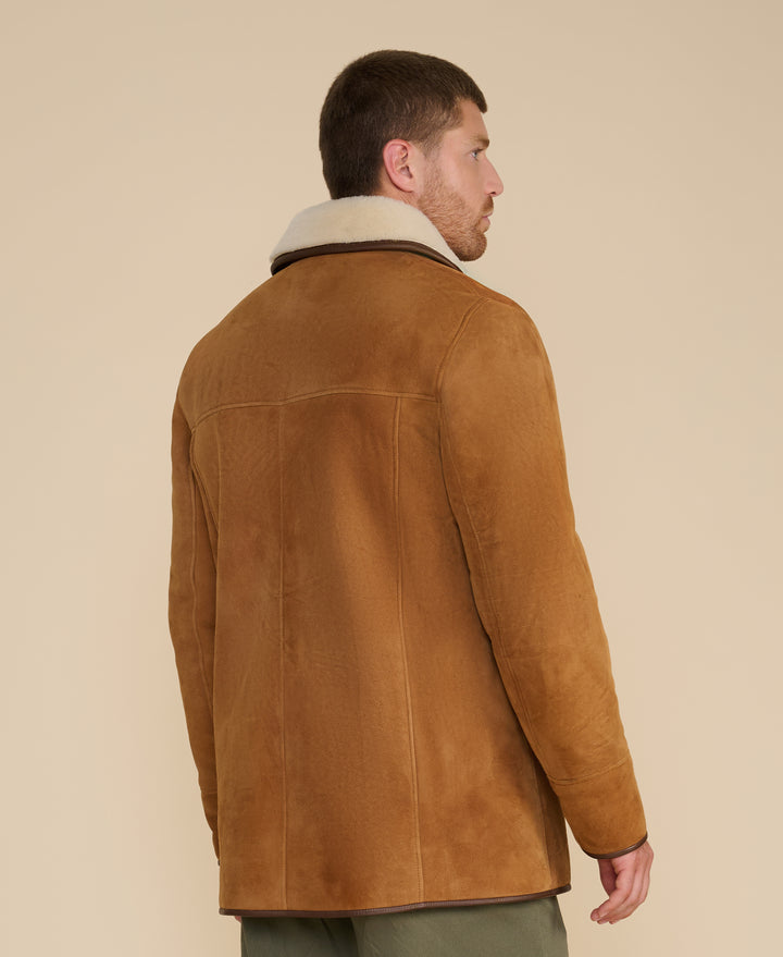 Harrison men's whisky suede shearling coat rear view