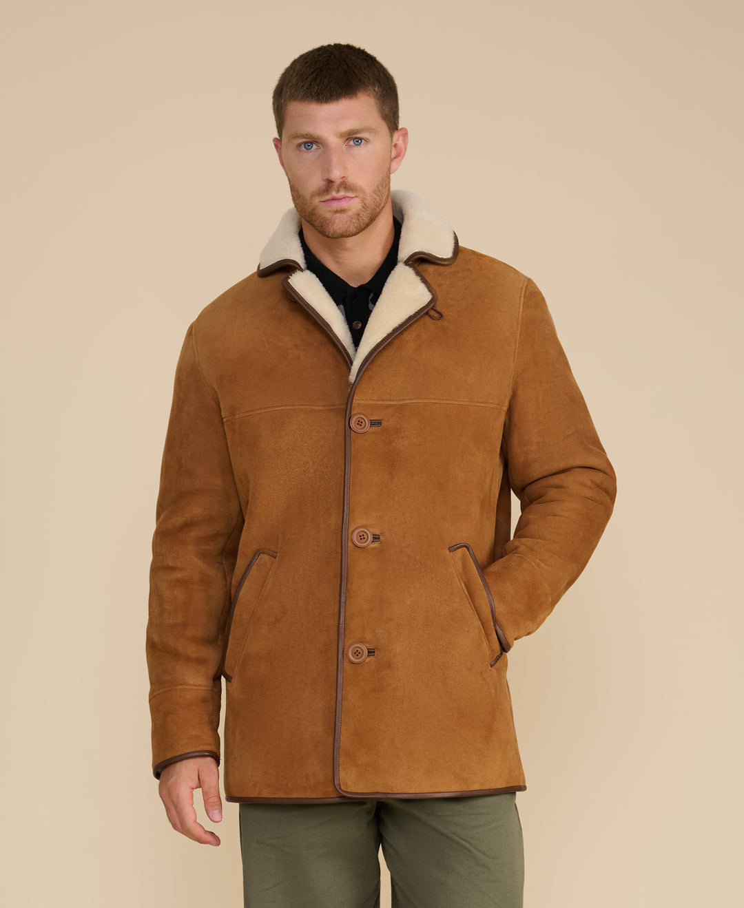 Harrison men's whisky suede shearling coat with white shearling collar front view