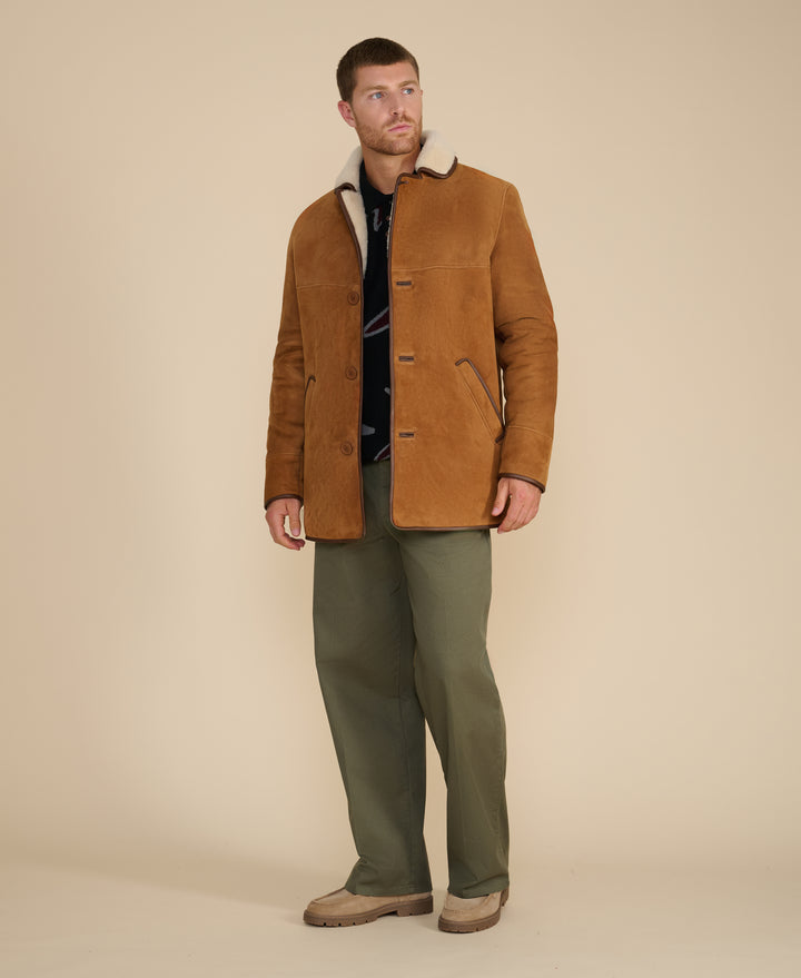Harrison men's whisky suede shearling coat full length styling image