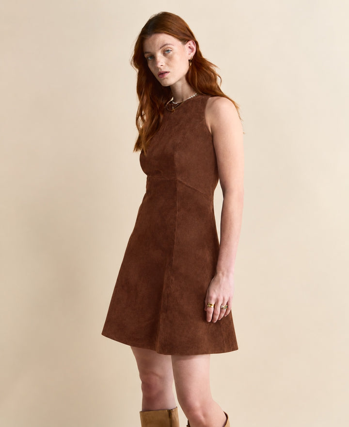 Three-quarter front view of the Helene Suede Dress in chestnut brown, showing the sleeveless cut and A-line skirt.