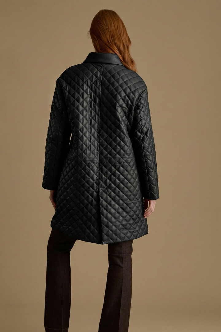 Back view of Holland black quilted leather coat featuring diamond quilted detailing