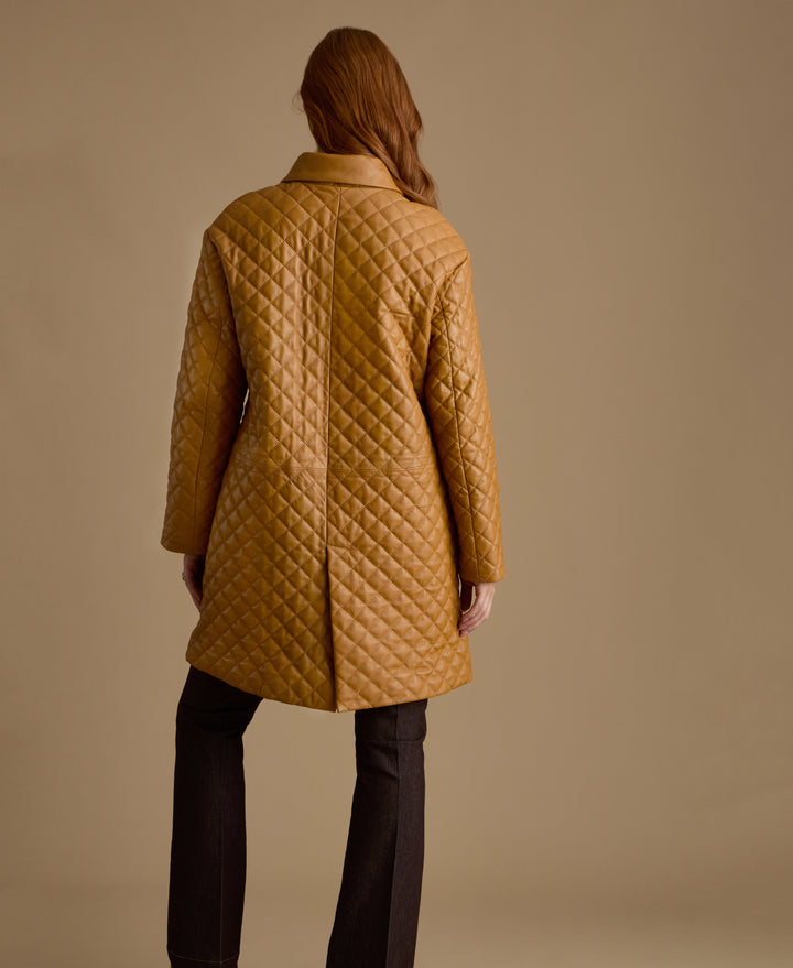 Back view of Holland caramel quilted leather coat with quilted diamond detailing
