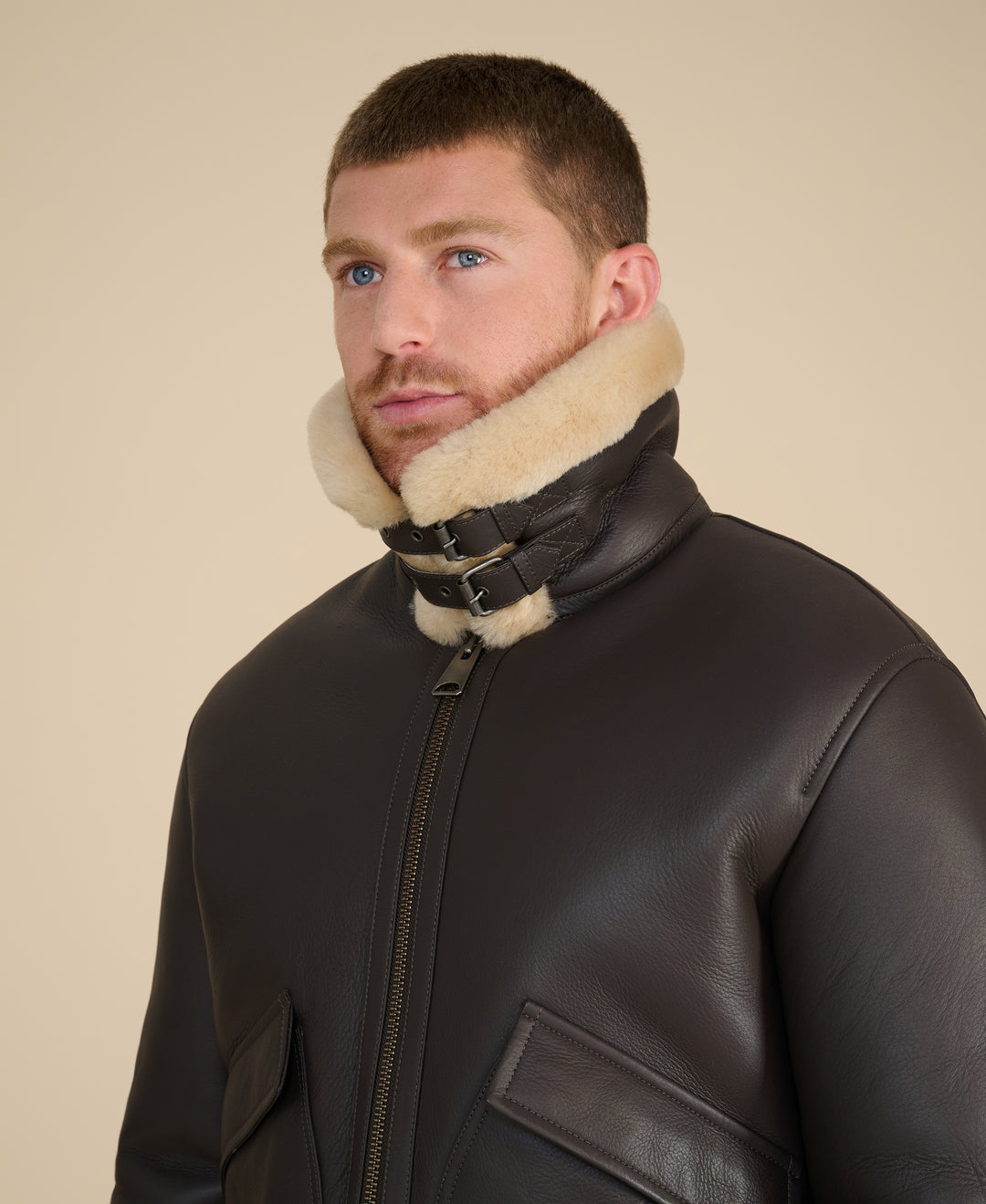 Hudson men's brown leather shearling aviator jacket with throat latch detail