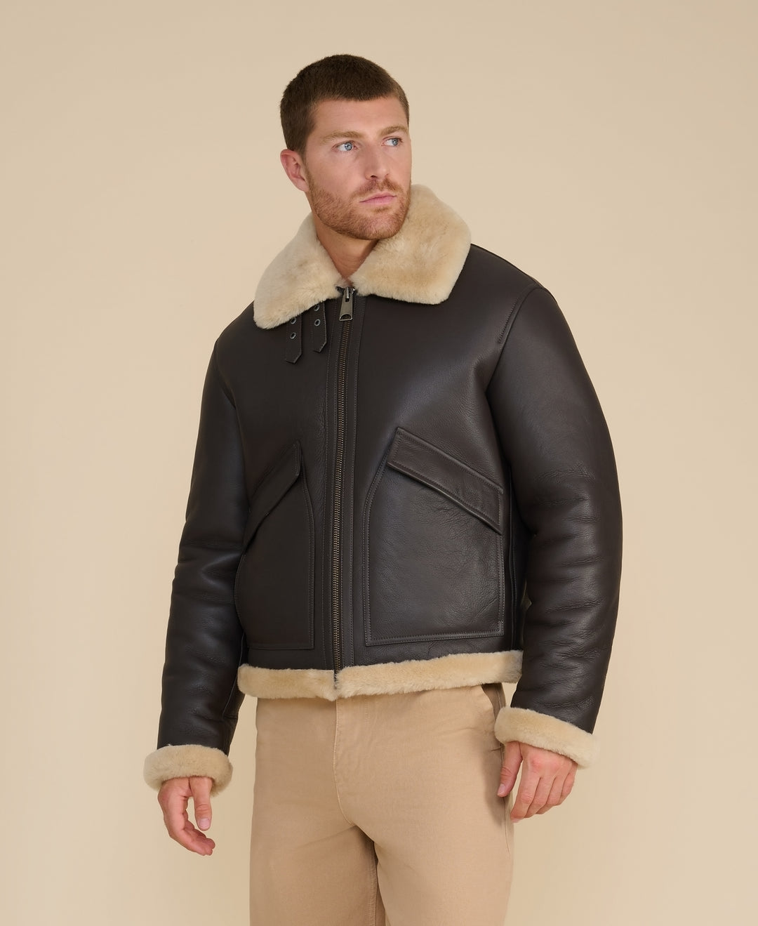 Hudson men's brown leather shearling jacket premium shearling collar detail