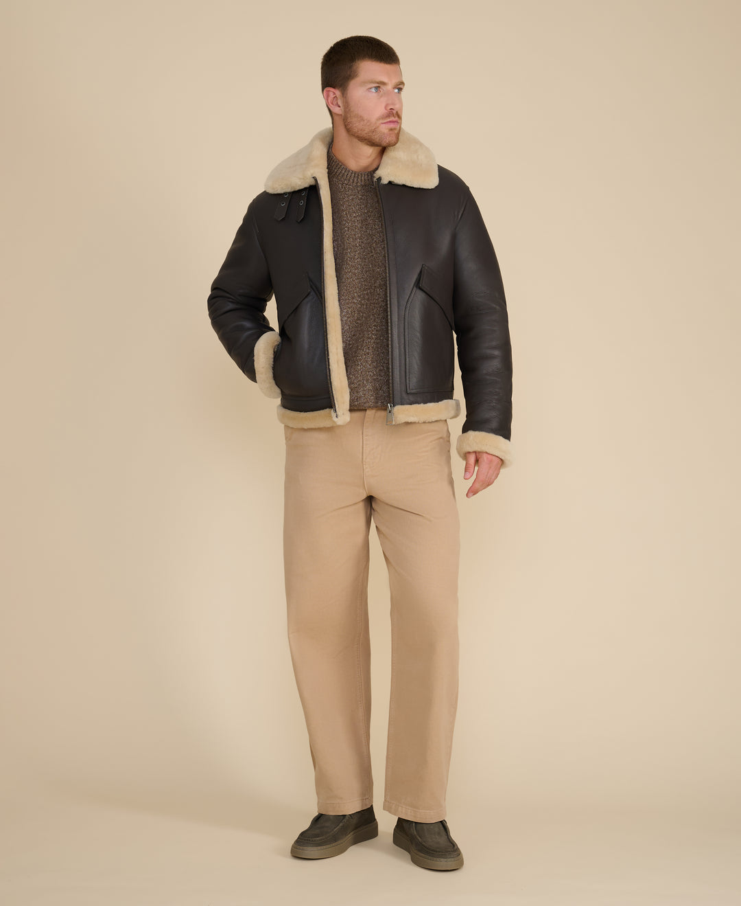 Hudson men's brown leather shearling jacket with beige shearling lining front view