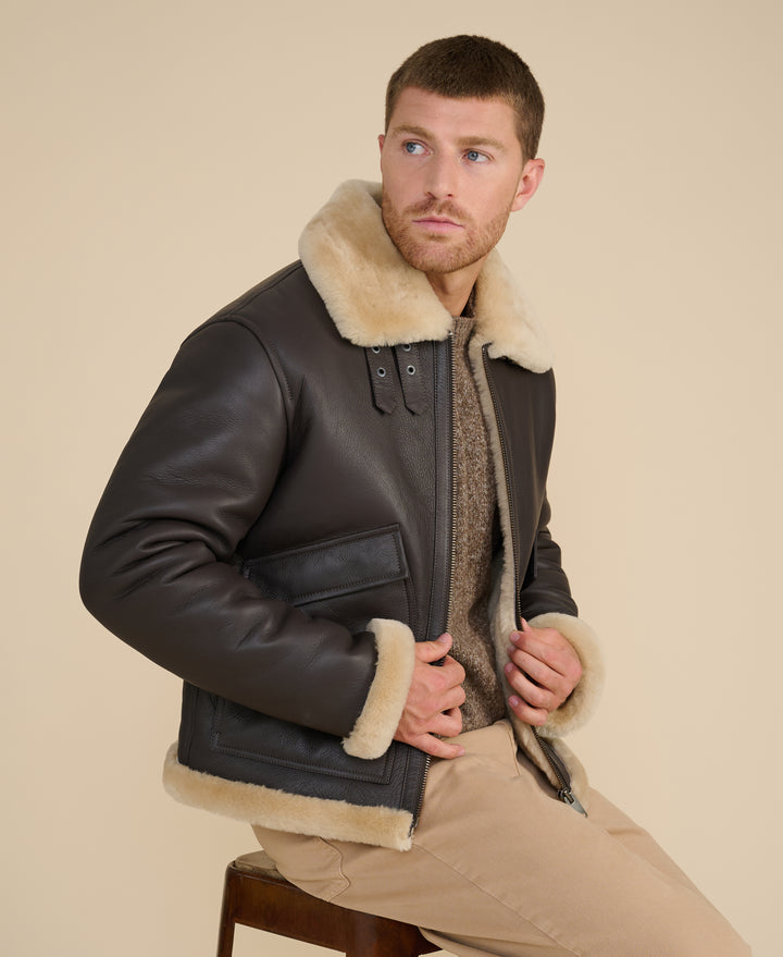 Hudson men's brown leather shearling jacket luxury winter outerwear lifestyle image