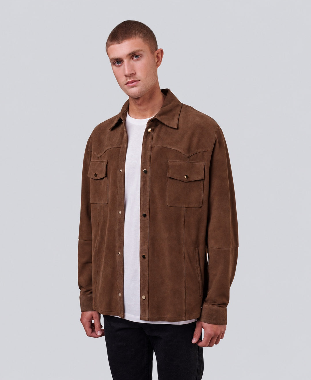 Jett Suede Shirt Jacket in Chestnut worn open over a white T-shirt.