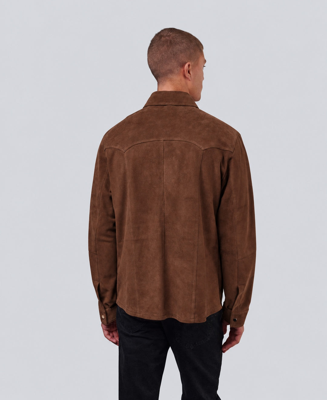 Back of the Jett Suede Shirt Jacket in Chestnut, showing the Western-inspired yoke and panel seams.