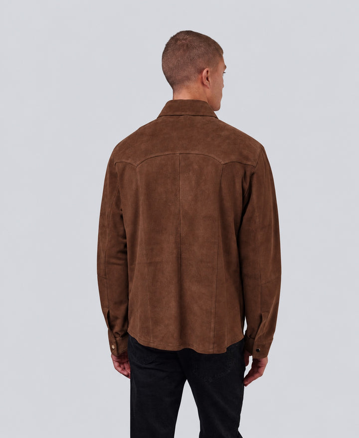 Back of the Jett Suede Shirt Jacket in Chestnut, showing the Western-inspired yoke and panel seams.