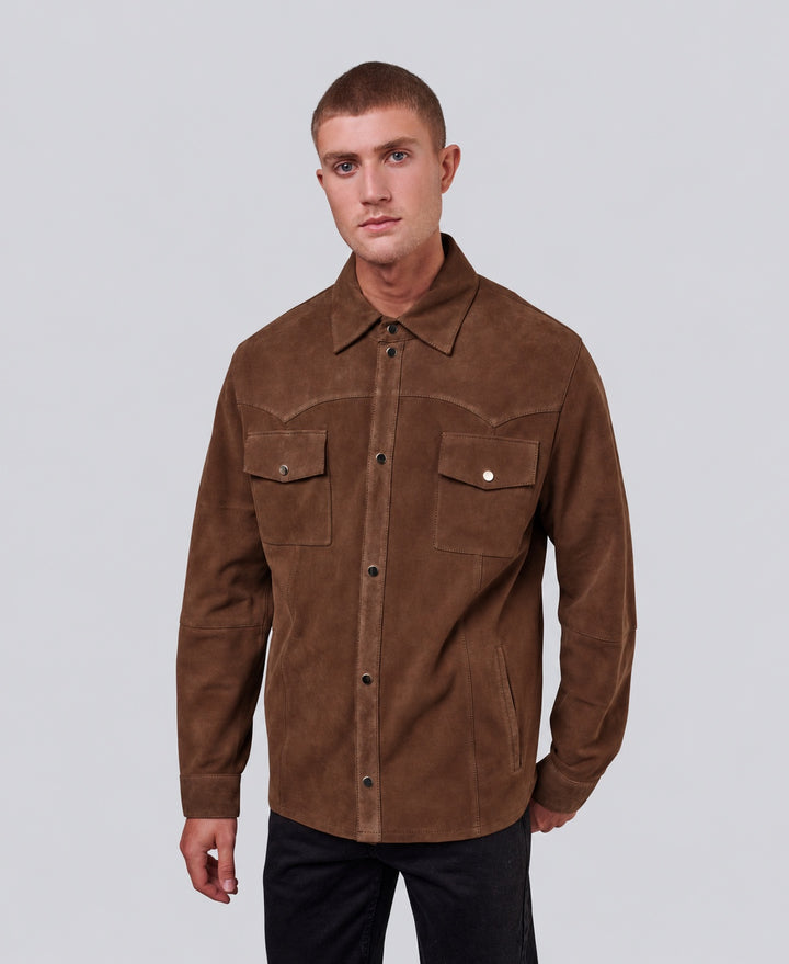 Men's Jett Suede Shirt Jacket in Chestnut, shown buttoned from the front.