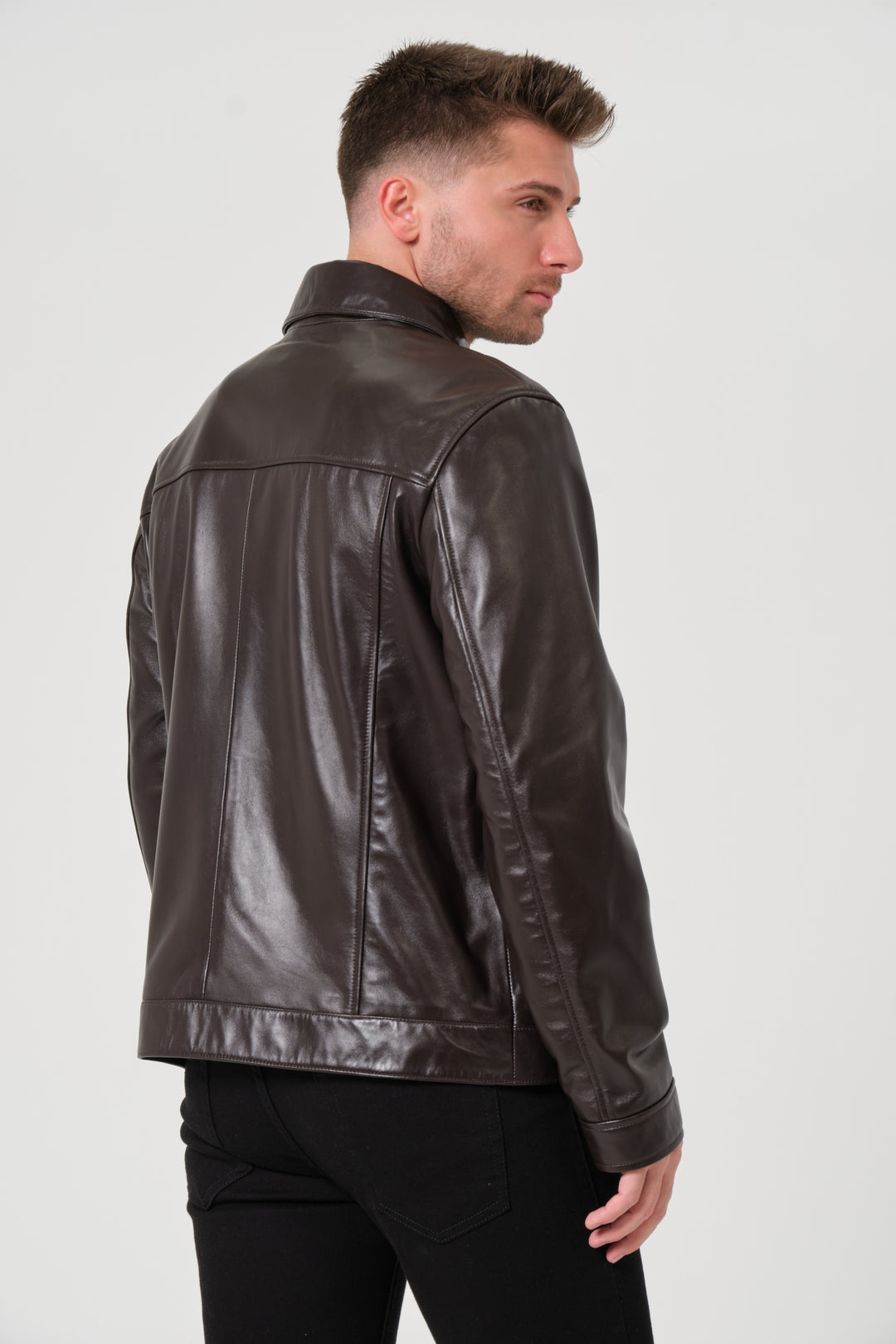 Back view men's coffee bean brown leather jacket classic fit