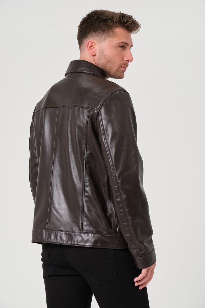 Back view men's coffee bean brown leather jacket classic fit