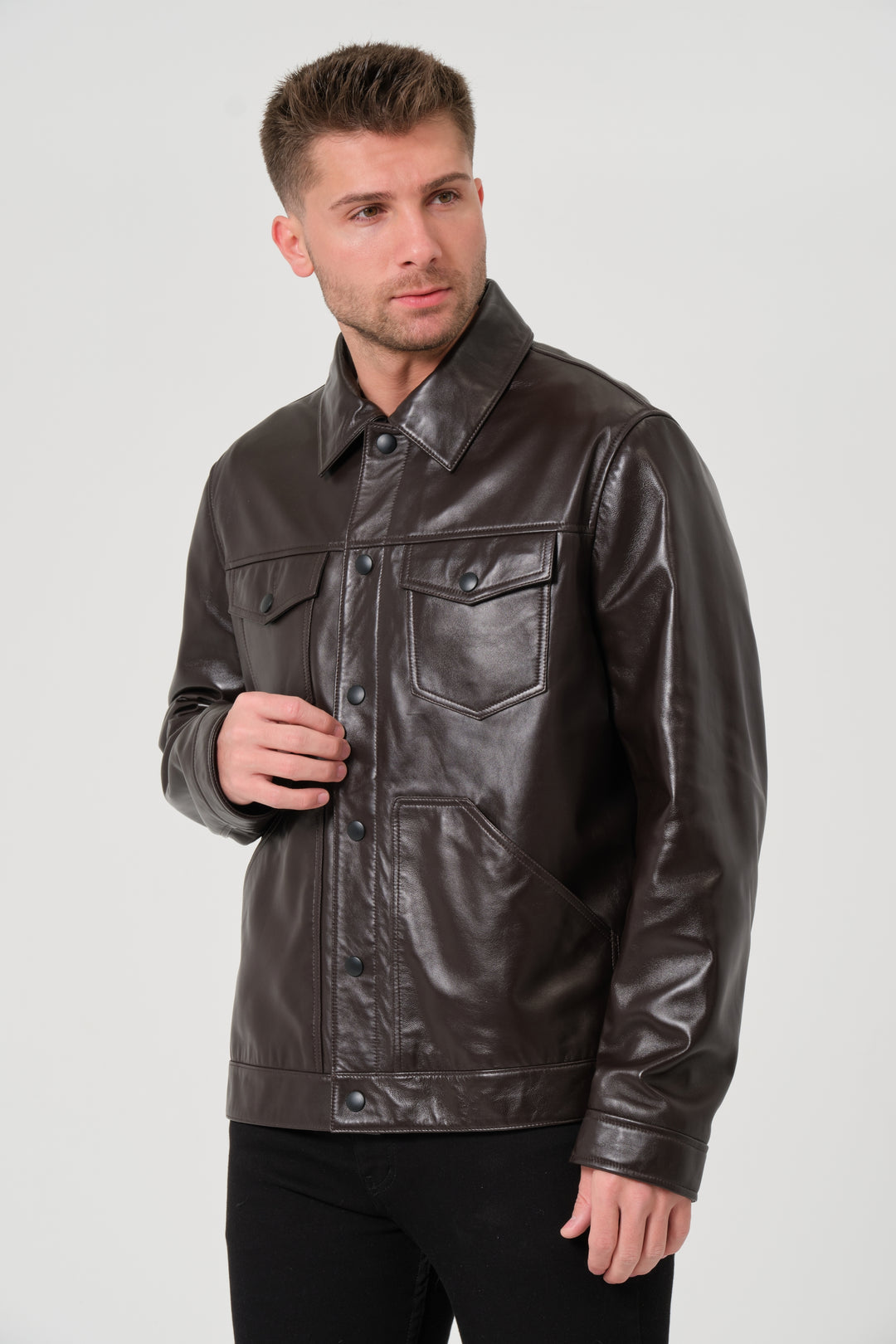 Coffee bean brown men's leather jacket front view button closure