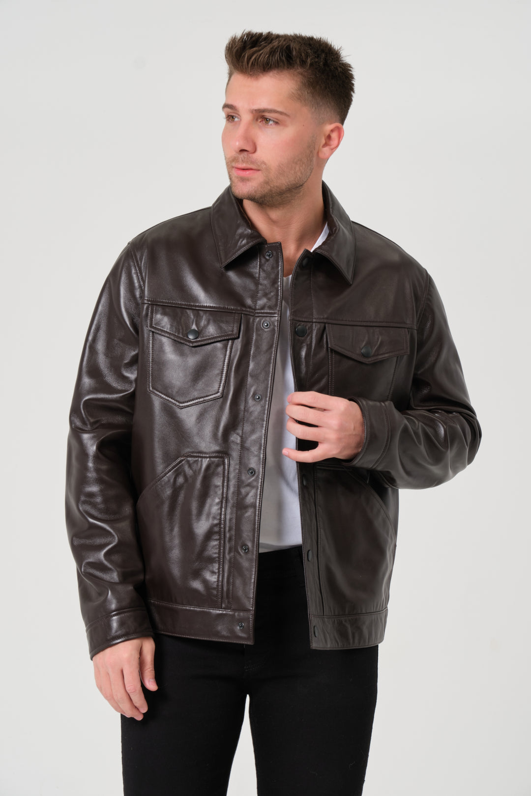 Coffee bean brown men's leather jacket front view button closure