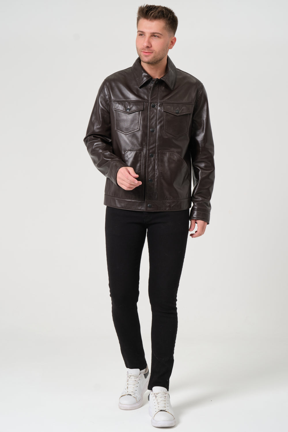 Coffee bean brown men's leather jacket front view