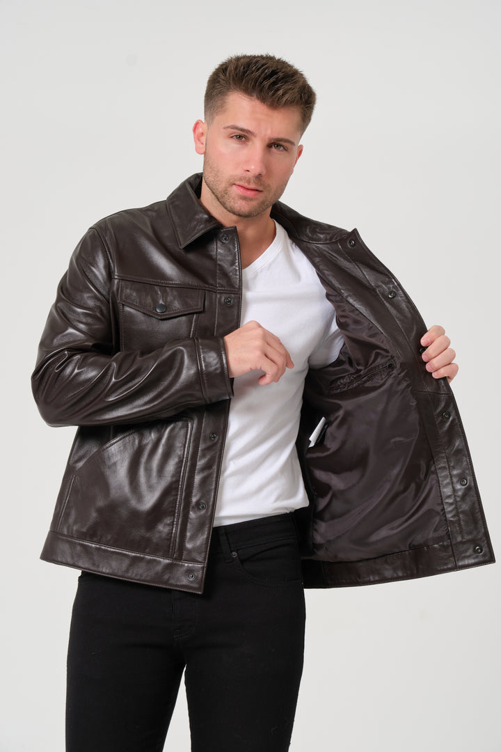 Men's brown nappa leather jacket open front interior lining detail
