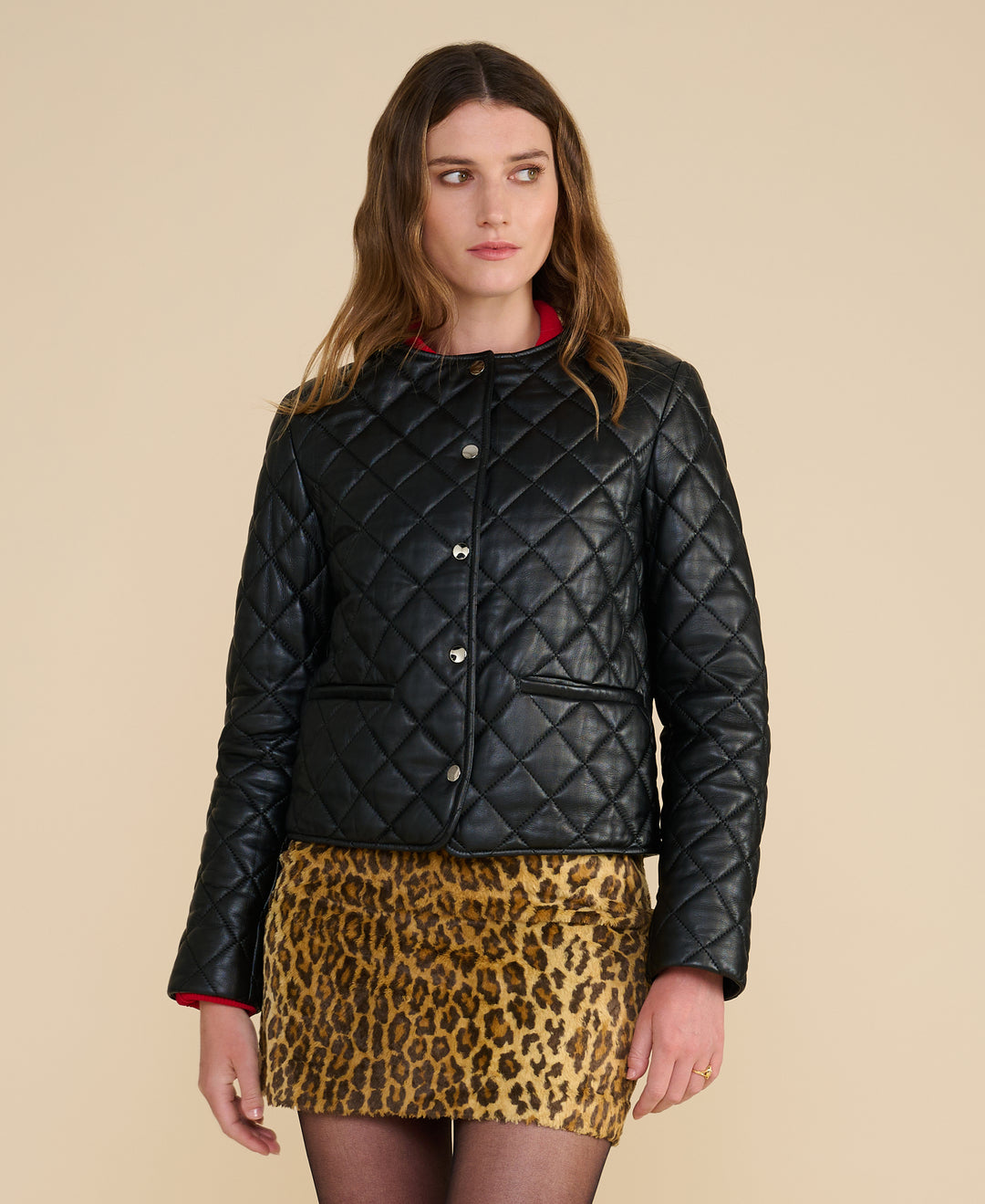 Marlowe black quilted leather jacket front view with diamond quilted design