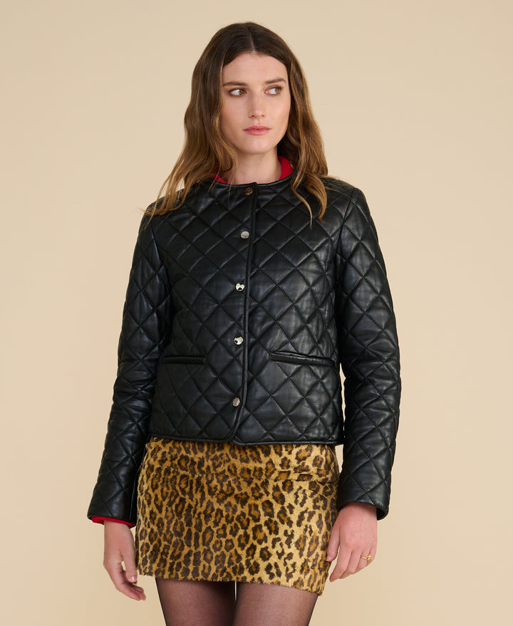Marlowe black quilted leather jacket front view with diamond quilted design