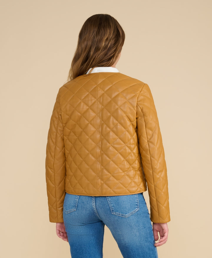 Marlowe caramel quilted leather jacket back view showing diamond quilted construction