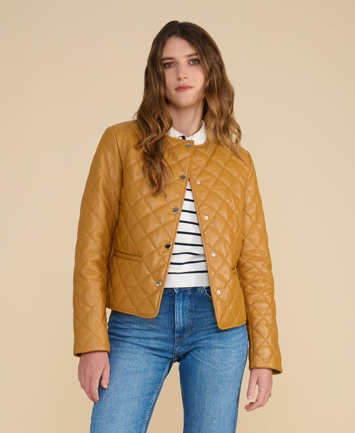 Marlowe caramel quilted leather jacket front view crafted from 100 percent British leather
