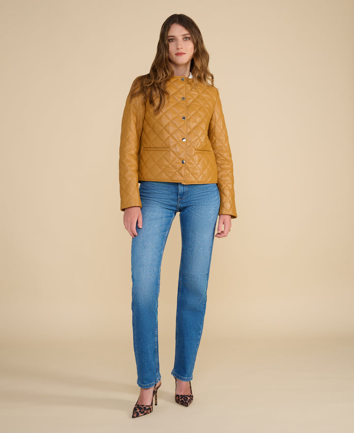 Marlowe caramel quilted leather jacket full length styling for Fall Winter 2026