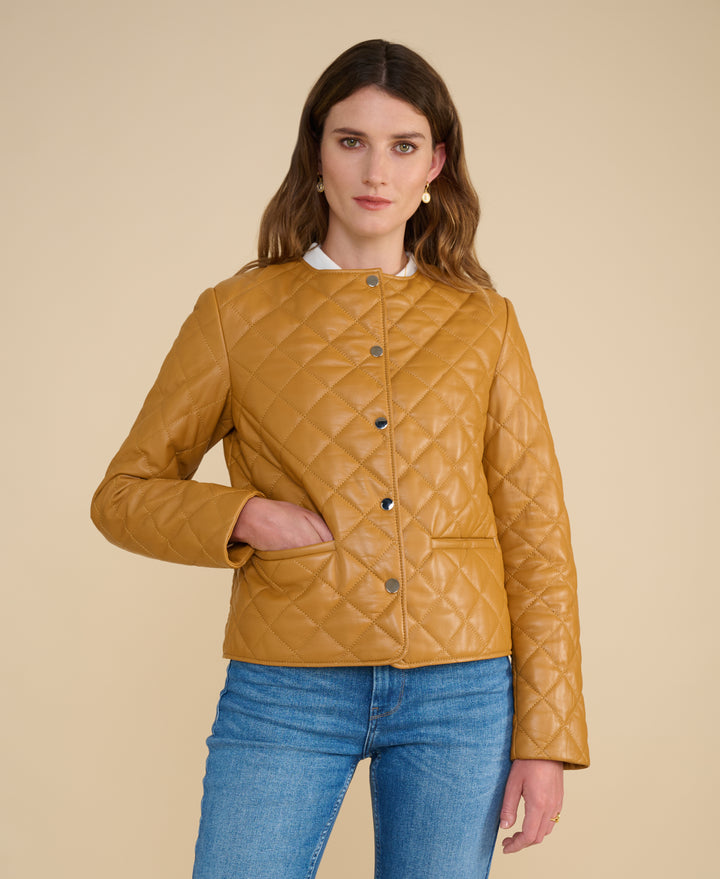 Marlowe caramel quilted leather jacket close up detail of luxury quilted leather